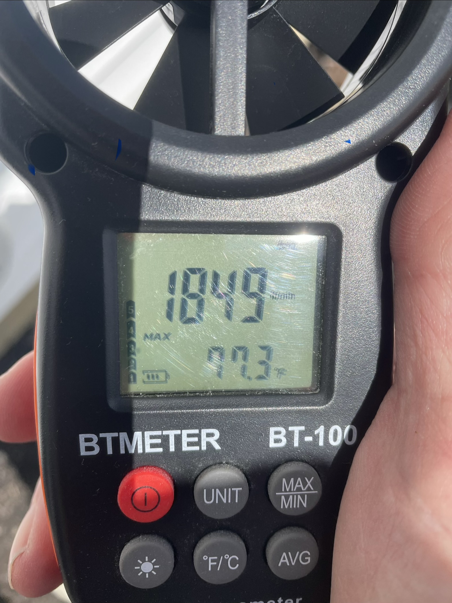 Anemometer reading 1849 feet per minute after cleaning