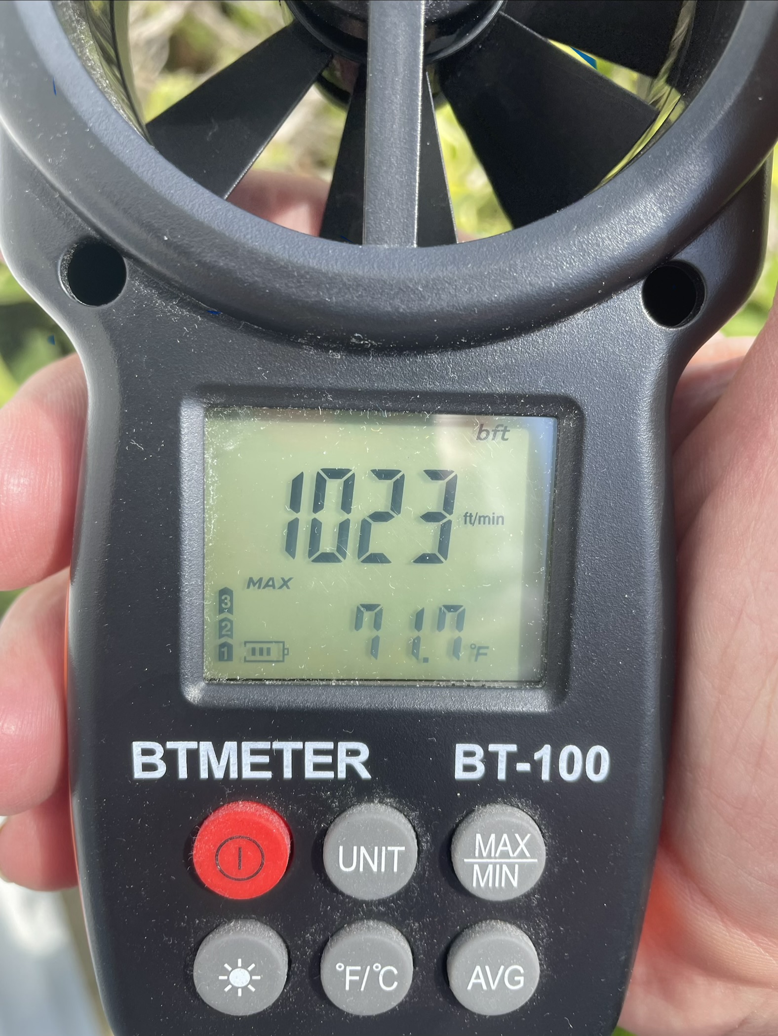 Anemometer reading 1023 feet per minute before cleaning