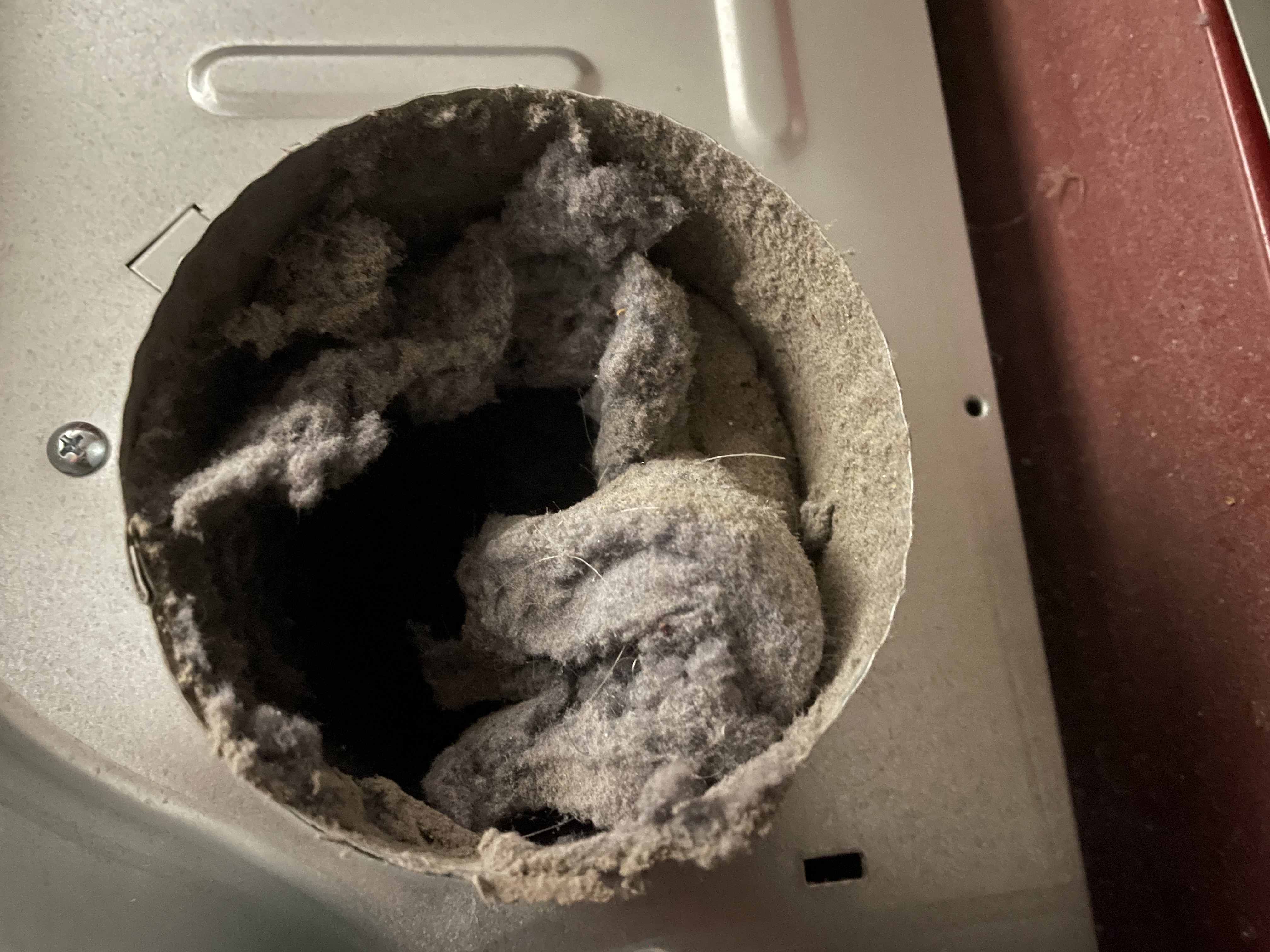 A dryer vent pipe completely packed with lint buildup